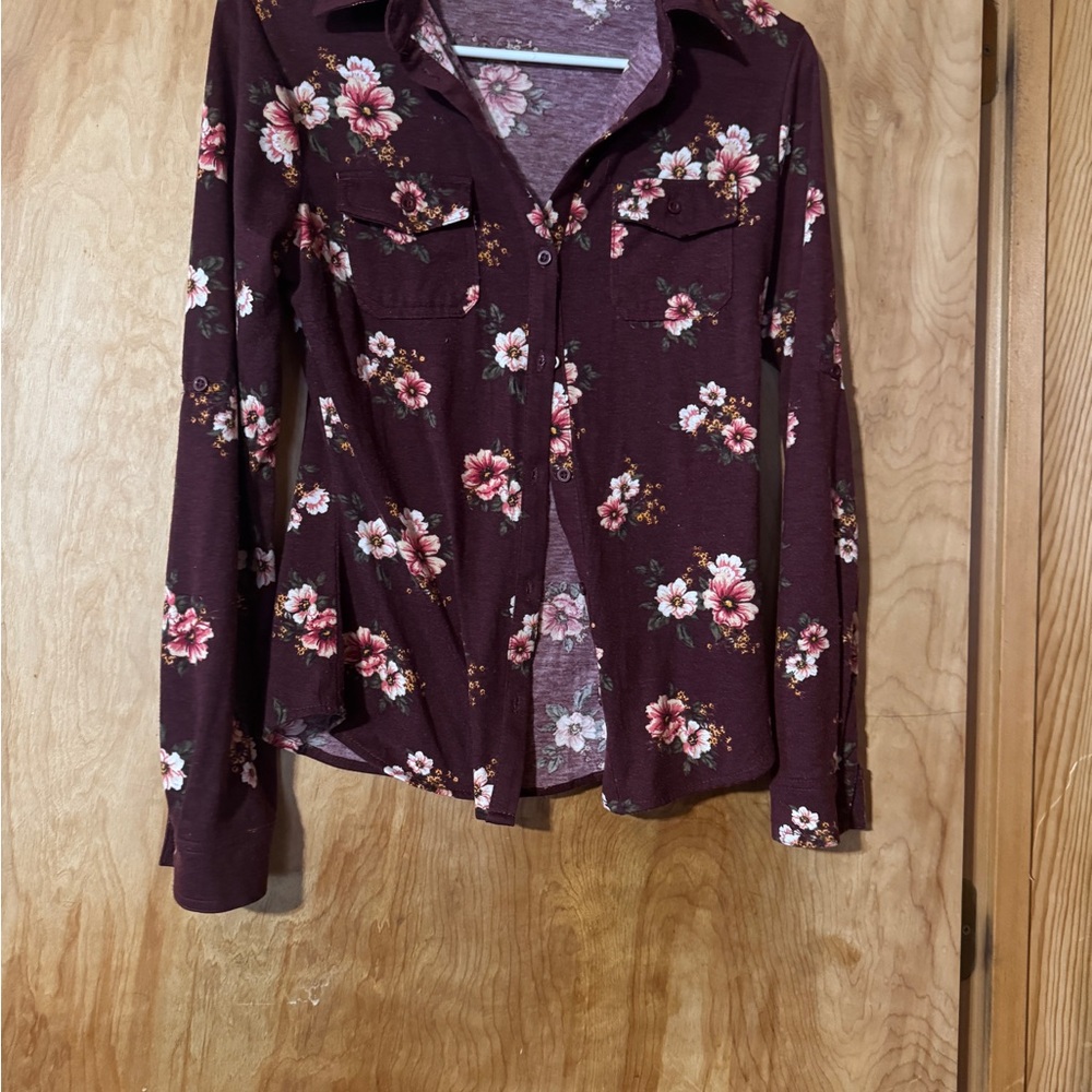 Active USA Burgundy Floral Button Down Shirt